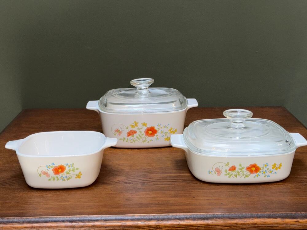 Vintage CorningWare Wildflower Casserole Set 1QT A-1-B, 1.5QT A-1.5-B, P-43-B